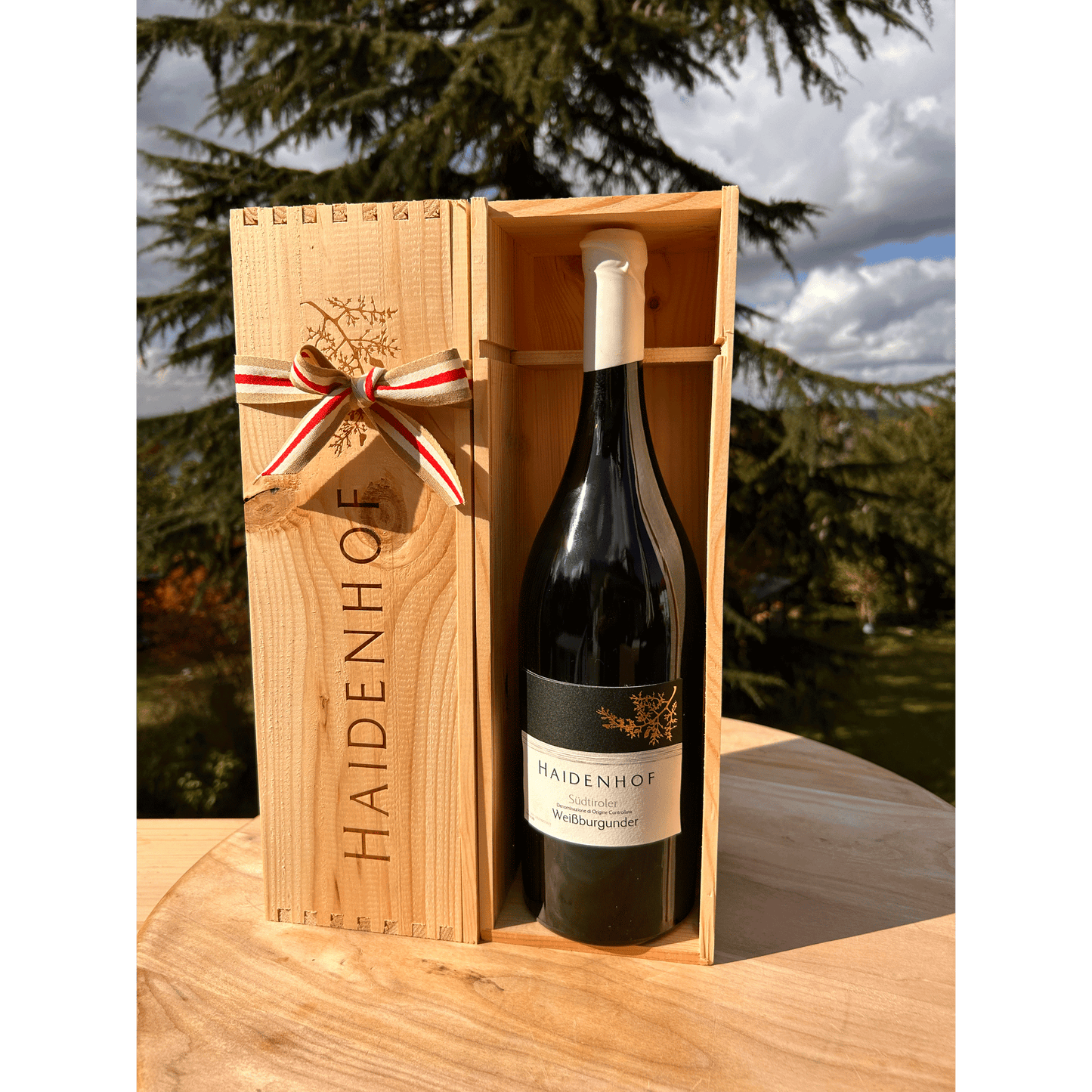 Holzbox Haidenhof Weissburgunder in der Magnumflasche - Magnum in Holzbox aus Südtirol