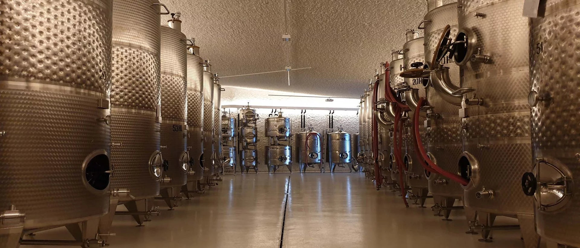 Weingut Pacherhof im Eisacktal in Südtirol-Blick in den modernen Weinkeller mit Stahlfässern