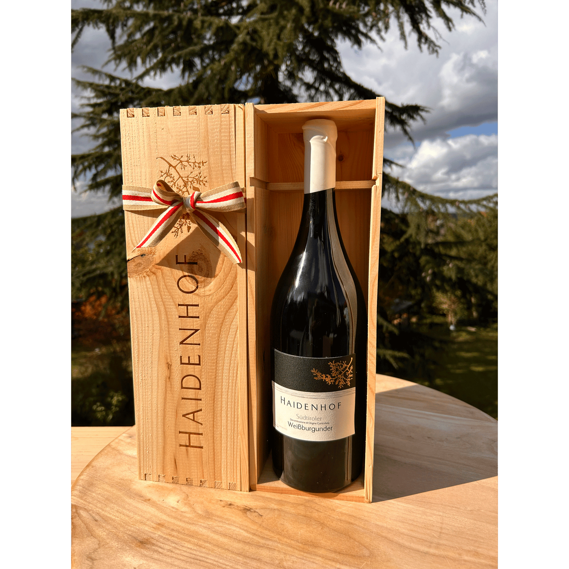 Holzbox Haidenhof Weissburgunder in der Magnumflasche - Magnum in Holzbox aus Südtirol
