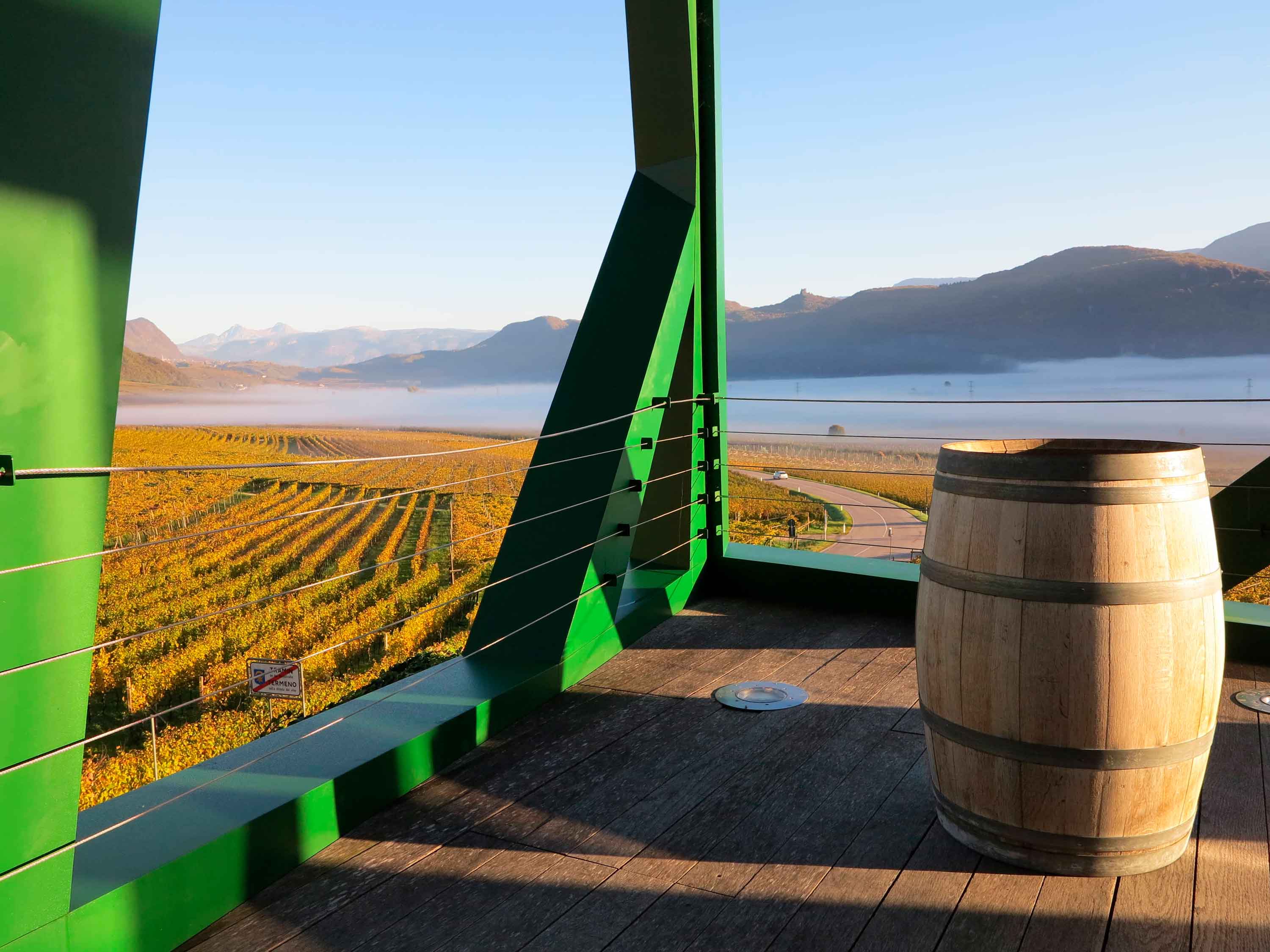 Bild der Architektur der Cantina Tramin mit Blick auf die Weinberge